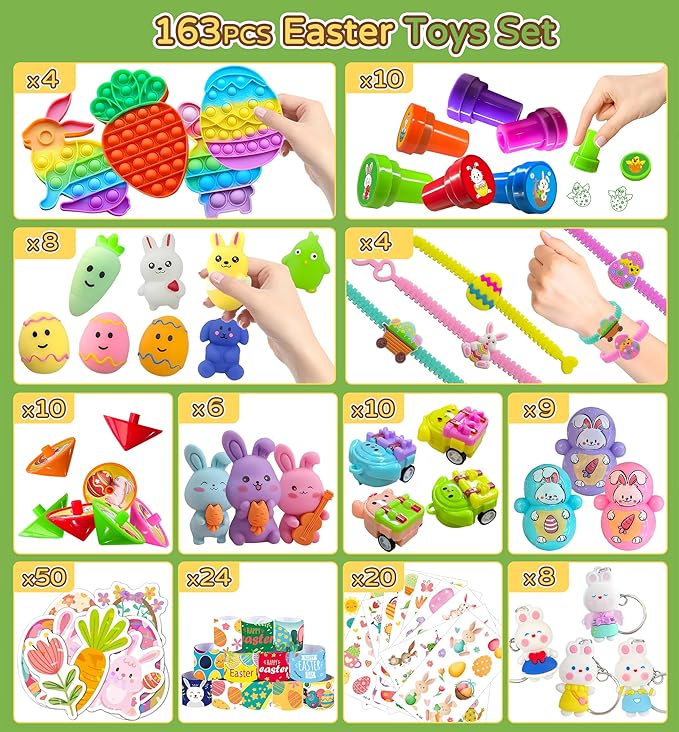 163PCS Easter Toys For Party Favors, Easter Basket Stuffers, Easter Gifts for Kids, Easter Pinata Basket Fillers Classroom Prize Treasure Box