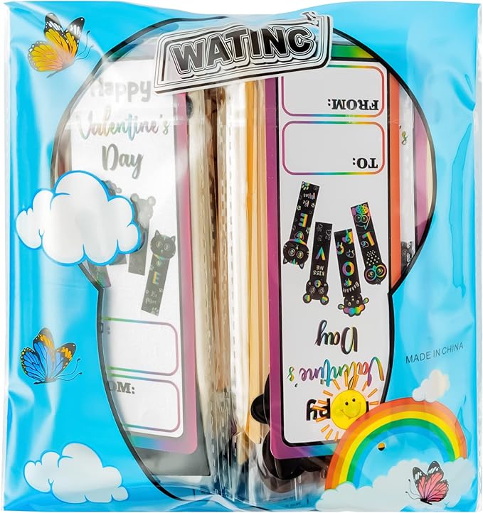 WATINC 28 Set Valentine's Day Animals Scratch Bookmarks with Cards for Kids, Valentine Scratch Off Card Art Craft Kit, Exchange Gift DIY Magic Color Paper for Classroom School Home Party Favor