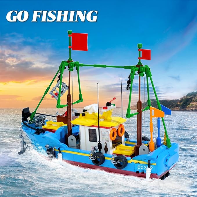 Fishing Boat Building Blocks Sets, Pirate Ship Sea Fishing Building Block Toy Set Collection Show, Creative Gifts Toys for Boys and Girl Ages 6-12 Years Old and up, 645 PCS
