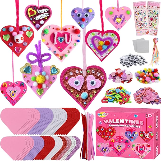 RMJOY Valentines Day Craft Gift Set: DIY Colorful Foam Heart Art Craft Ornament Toy Kit with Pom-poms Googly Eyes Gem Sticker for Kid Classroom Home Activity Party Favor Wedding Birthday Decoration