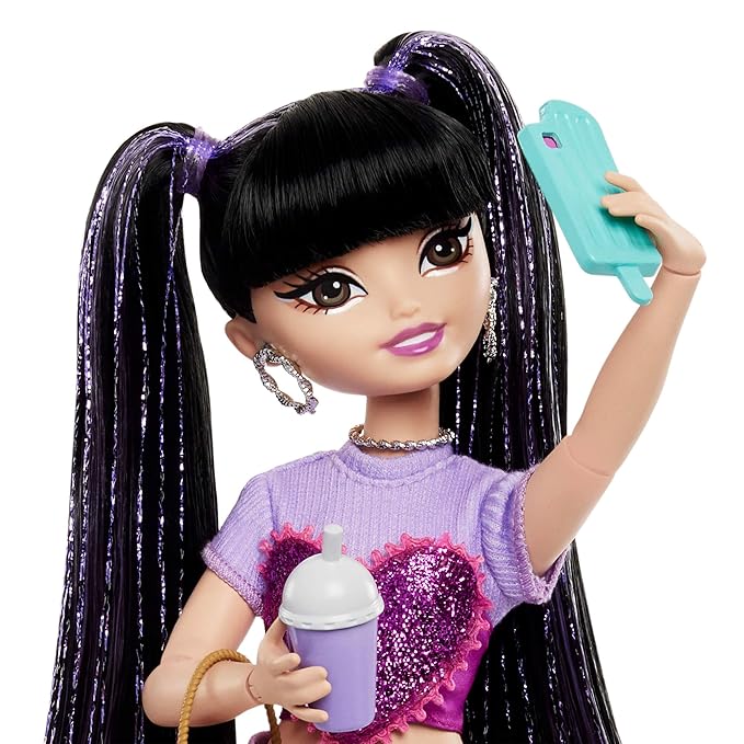 Barbie Dream Besties Doll & Accessories Playset, Renee with Long Black Hair, 11 Food & Video-Themed Pieces