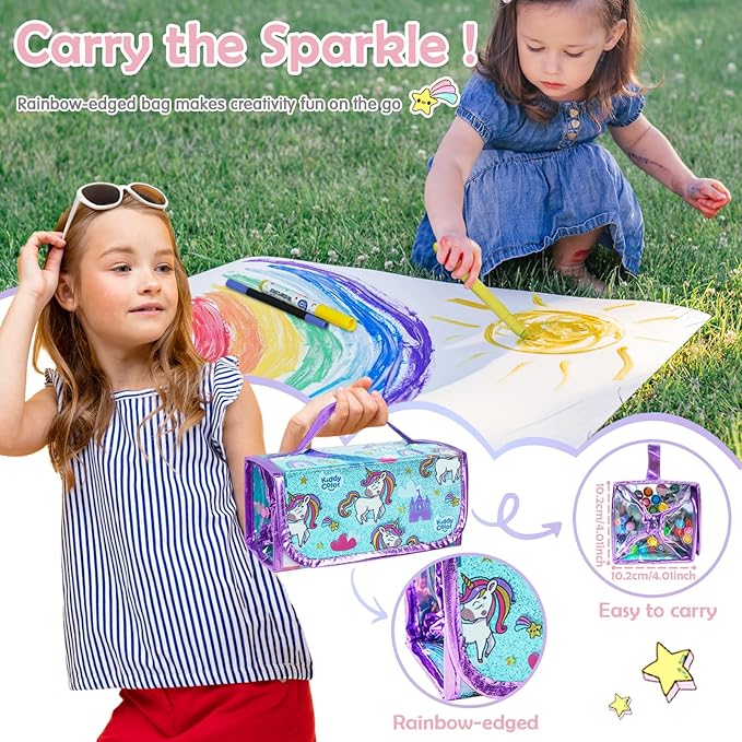 KIDDYCOLOR Unicorn Washable Markers Set 69 pcs with Glitter Pencil Case - Arts and Crafts Coloring Kit for Kids Ages 4-8, Includes Unicorn Stickers - Perfect Gifts for Girls