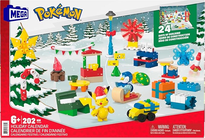 MEGA Pokémon Building Toys Set, Holiday Calendar with 202 Pieces, 2 Poseable Characters and Accessories, for Kids