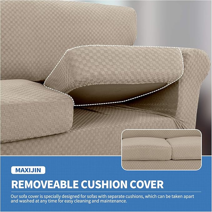 MAXIJIN 2 Piece Jacquard Chair Covers with Arms Super Stretch Non Slip Chair Slipcover for Living Room Dogs Pet Friendly Elastic Sofa Couch Protector Armchair Cover (Chair, Khaki)