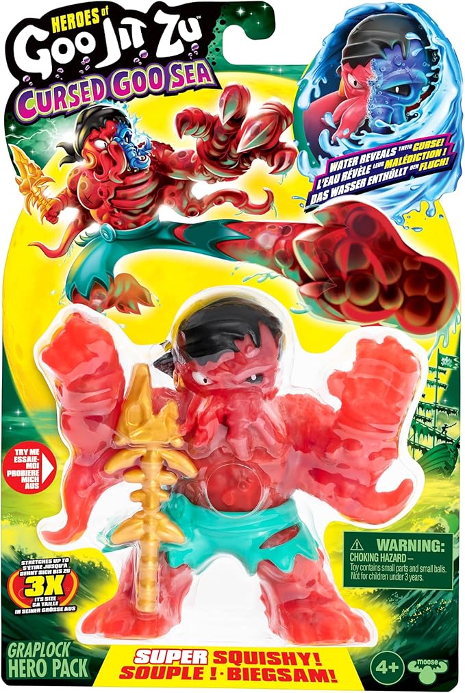 Heroes of Goo Jit Zu Cursed Goo Sea | Super Squishy, Goo Filled Toy Graplock Action Figure Hero Pack | with Color Changing Face That Reveals His Curse | Stretch Him 3 Times His Size