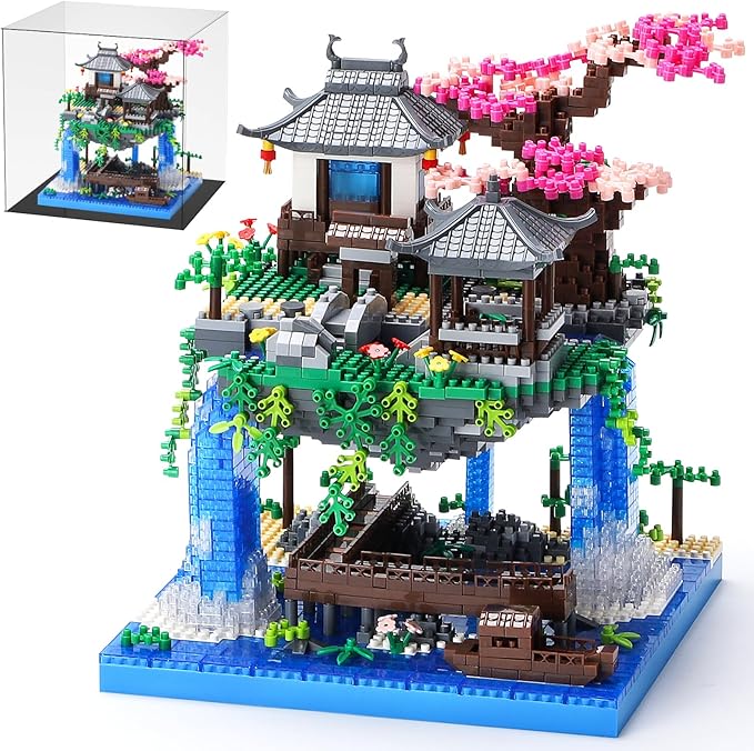 Cherry Blossom Bonsai Tree Building Block Sets with Acrylic Display Box Chinese Architecture of Peach Blossom Micro Mini Building Set Toy Gift for Kids Adults（3320 Pieces）