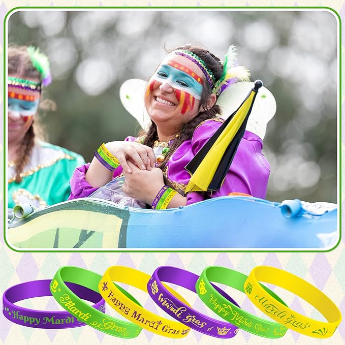 Yilloog Mardi Gras Silicone Bracelets Mardi Gras Parade Throws Bulk Party Favors Rubber Bracelets Party Supplies Decorations Goodie Bag Stuffers Fillers Silicone Wristbands(480 Pcs)