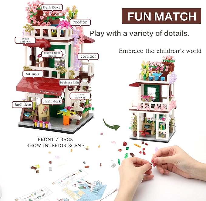 Street View Mini Building Blocks Flower House Shop Store Building Kit Simulation Construction Educational Creative Toy for Boys Girls Age 8+ 953 pcs