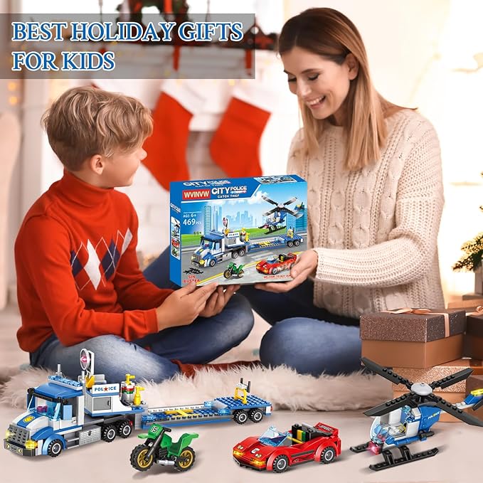 City Police Truck and Trailer Building Sets, Compatible with Lego Police Car with Tow Truck, Helicopter, Car, Motorcycle, Police Chase Building Blocks Toy Set Gift for Boys Aged 6-12, 509 PCS