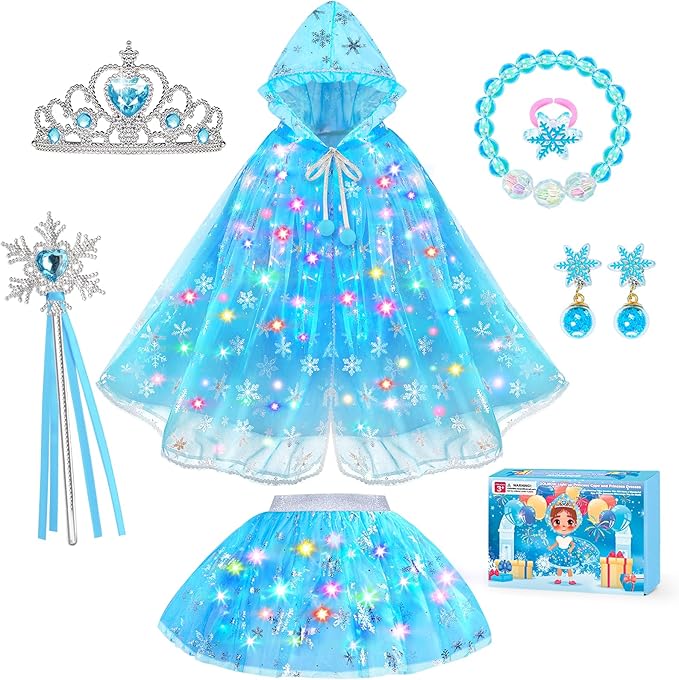 Princess Dress Up for Girls, Light up Princess Cape Princess Dress Costume Crown Wand Gifts for Toddler Girls 3 4 5 6
