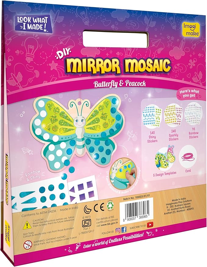 Imagimake Mirror Mosaic Butterfly & Peacock Kids Art Set | DIY Craft Kit | Foil Stickers for Kids | Mosaic Kit | Travel Toys | Birthday Gift for Girls and Boys Ages 3,4,5,6,7,8 |