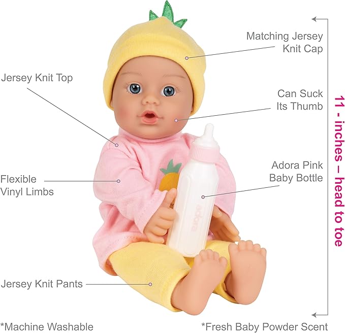 ADORA 11" Soft Cuddly Baby Doll with Blue Eyes, Blonde Hair, Bottle, Beanie, Pink/Yellow - Amazon Exclusive