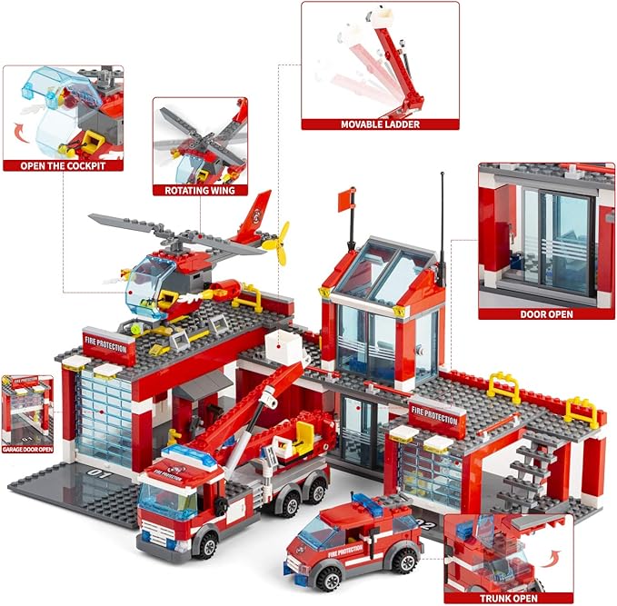 QLT QIAOLETONG City Fire Station Building Kit, 774 Pcs Building Set Including Fire Station, Fire Truck, Fire Helicopter,Fire Fighter, City Building Blocks STEM Toys Gift for Boys 6-10 Years Old.
