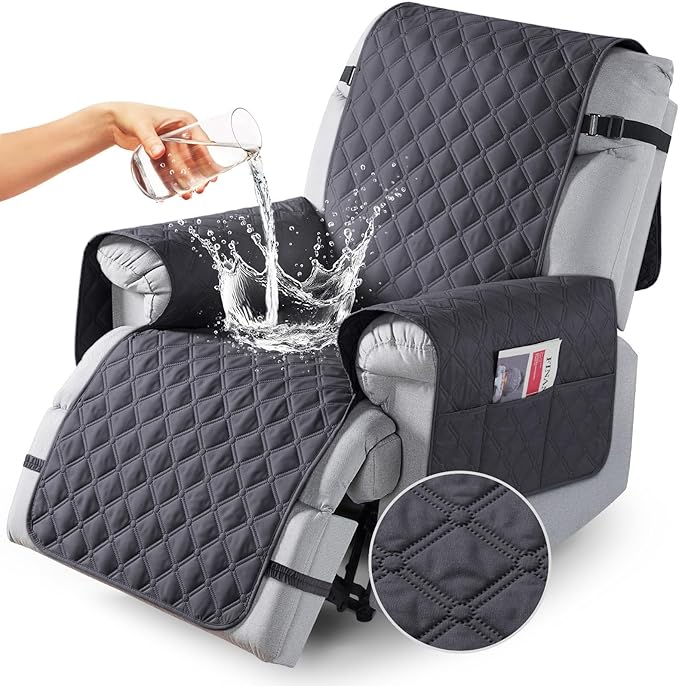 TAOCOCO 100% Waterproof Recliner Covers, Recliner Sofa Covers with Leg Straps, Reversible Recliner Couch Cover for Reclining Chair, Washable Couch Protector for Pets Kids(1 Seater 22", Charcoal Gray)