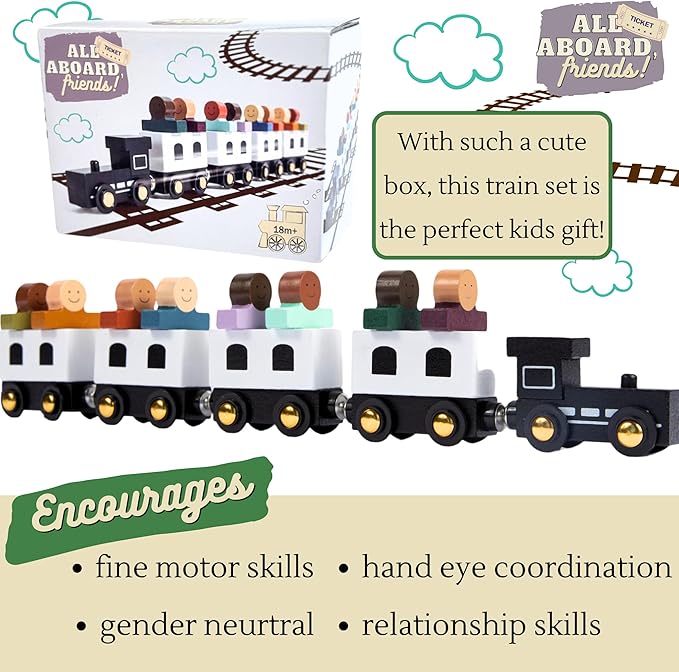 Wooden Train Set - Train Toys Magnetic - Toy Train Sets for Kids Toddler Boys and Girls | Compatible w/Wooden Train Tracks -All Aboard, Friends!