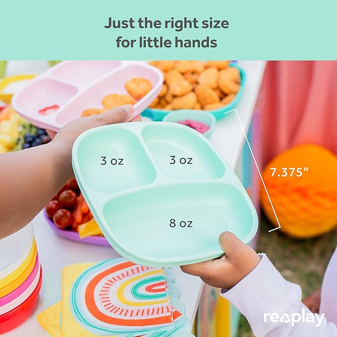 Re-Play Made in USA 7" Deep Walled Divided Plates for Kids, Set of 3 - Reusable 3 Compartment Plates, Dishwasher and Microwave Safe - 7.37" x 7.37" x 1.25", Berry