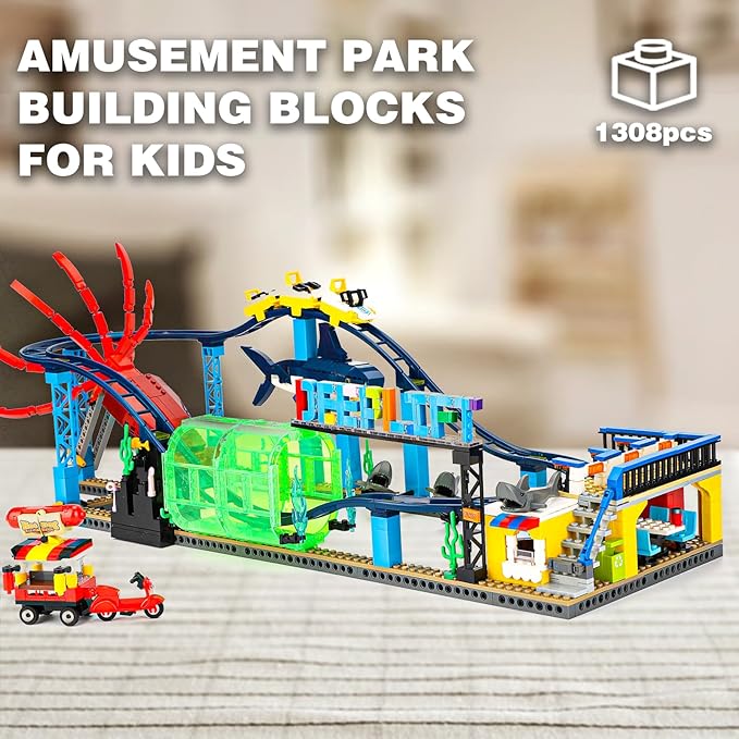 Roller Coaster Building Blocks Set (1308PCS), Compatible with Lego Sets for Boys 8-14, Friends Aquarium Theme Building Kit with Sharks & Cuttlefish Building Toys Gift for Girls