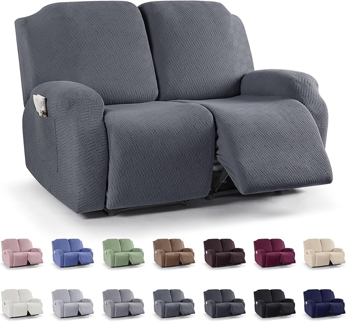 KinCam Recliner Covers, Stretch Reclining Chair Covers, Recliner Sofa Slipcovers Stripe Jacquard Recliner Couch Covers Furniture Protector Covers for Pet Kid (2 Seater, Dark Gray)