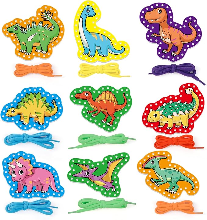 Aizweb Dinosaur Lacing Cards,Sewing Kit for Toddlers, Fine Motor Skill Toys,Threading Toys for Preschoolers,Shoe Tying Practice Art and Craft for Kids Educational Kindergarten Learning Activities