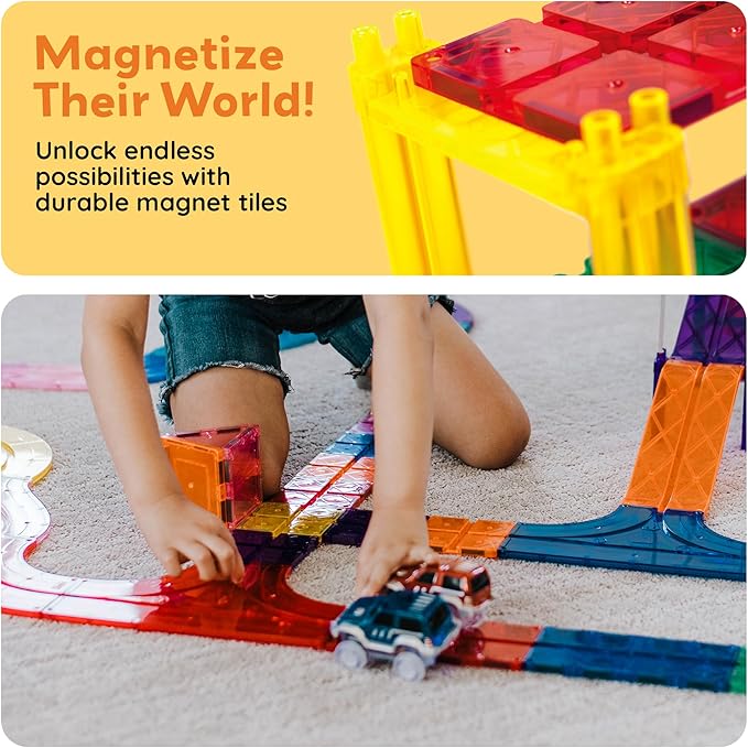 PicassoTiles 50 Piece Race Car Track Building Block Educational Toy Set Magnetic Tiles Magnet DIY Playset 2 Light Up STEM Learning Construction Kit Hand-Eye Coordination Fine Motor Skill Training