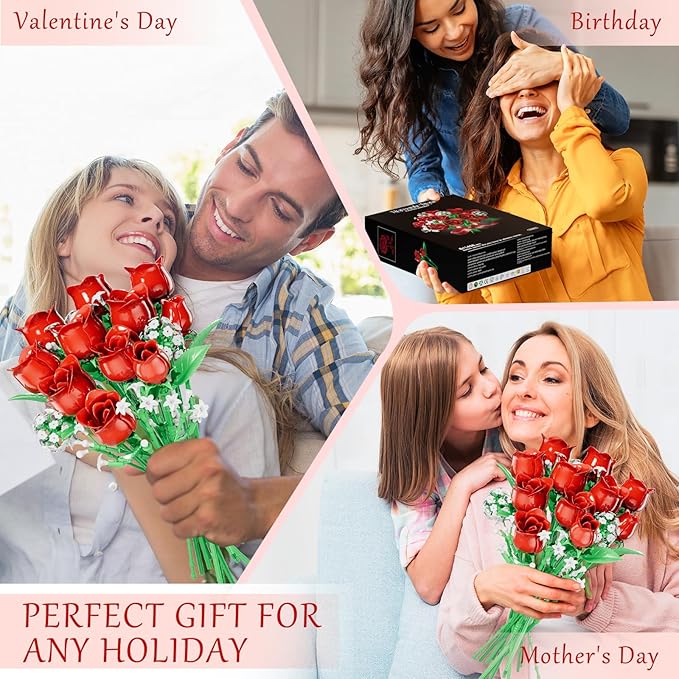 Red Rose Flowers Bouquet Building Set, Flower Plants for Botanical Collection and Decorative Home Table Art Forever Rose Toy, Valentine's DIY Gift for Women Girls Adults 6+, No Vase
