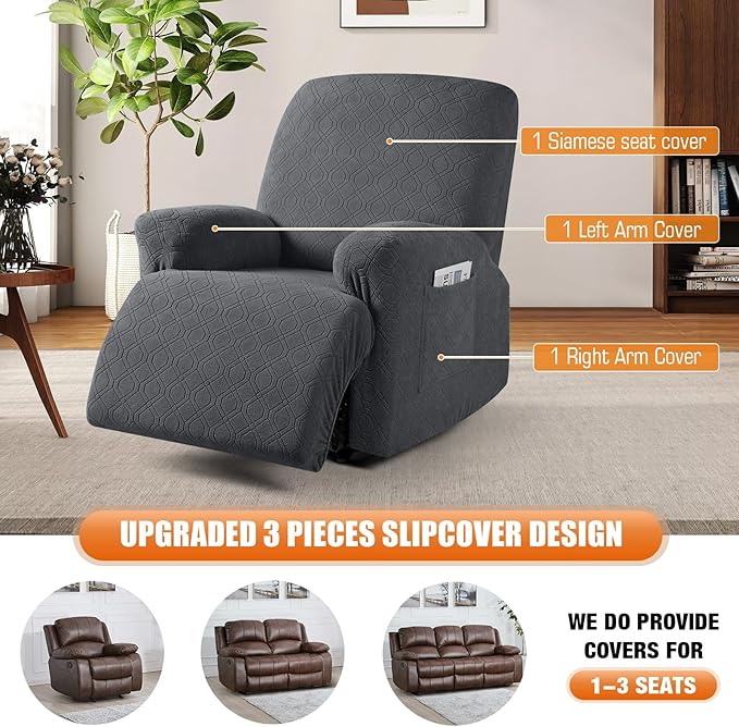 VANSOFY Recliner Chair Covers, 3-Pieces Stretch Recliner Covers for Recliner Chair Soft Reclining Chair Slipcover Furniture Protector for Dogs Cats(Charcoal Gray)
