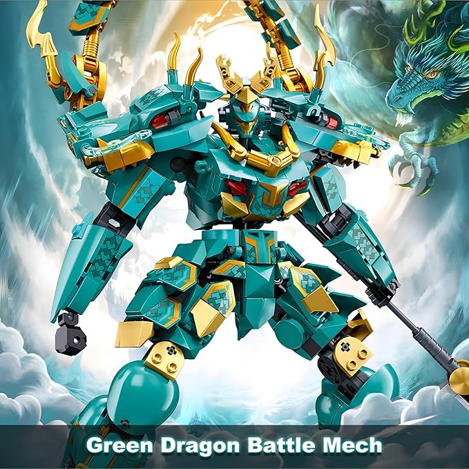 Mech Robot Building Blocks Set for Adults, Cool Green Dragon Warrior Model Kit with Long Spear Toy Playset, 704 pcs Collectible Mythical Ninja Gifts for Teens Boys Ages 12+