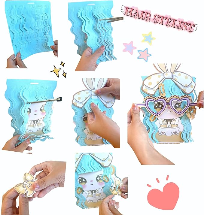 Muloo Goods Paper Craft DIY Hair Stylist for Kids, Fun Paper Cut Set, 4 Wigs (10)