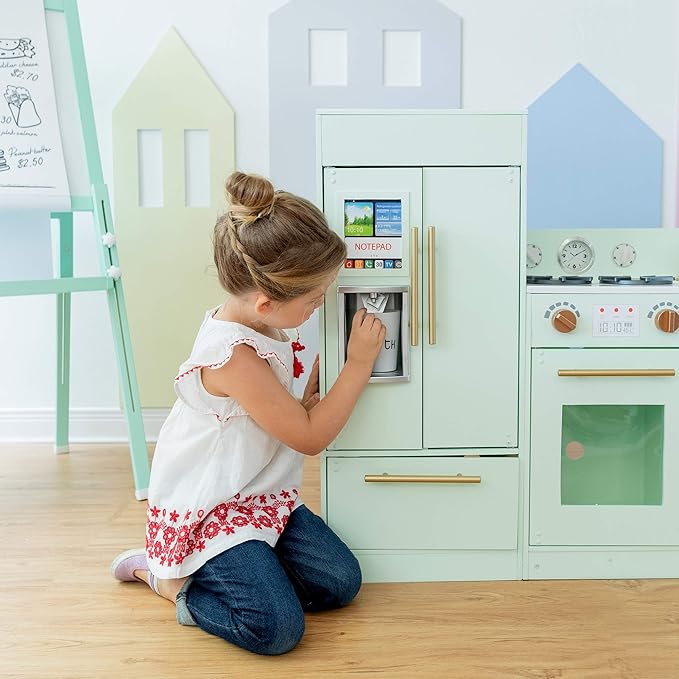 Teamson Kids Little Chef Charlotte Kids Play Kitchen, Wooden Kitchen Playset for Toddlers with Accessories, Pretend Ice Maker, Modular Design, & Storage Space, Mint/Gold, Gift for Ages 3+