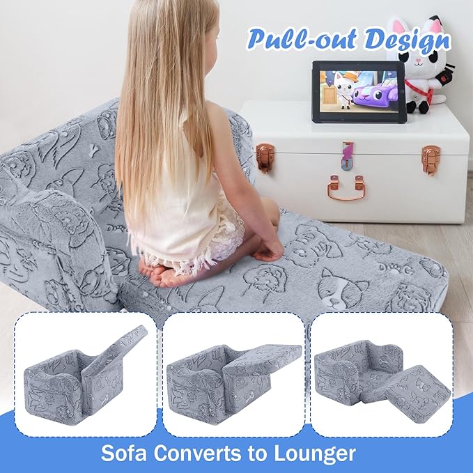 MeMoreCool Toddler Fold-Out Chair for Girls and Boys, Glow-in-The-Dark Soft Plush Kids Recliner, Convertible Folding Baby Couch for Playroom (Glowing Dogs)