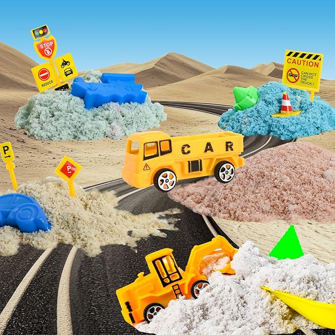 Play Sand Construction Set- Play Sand Kit, Sensory Bins with Magic Sand, Excavator Toy, Sand, Shovel Construction Site Kit, Beach Building Castle Sandbox Kit Gifts for Toddlers Age 3-8 Boy Girl