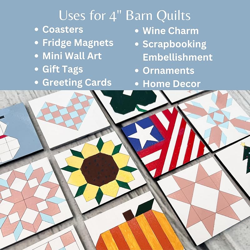Set of 4 Mini Quilt Block Pattern, Wood Barn Star DIY Kits for Adults, Tiny Wall Hanging Do It Yourself Painting Craft Kit (Aesthetic)