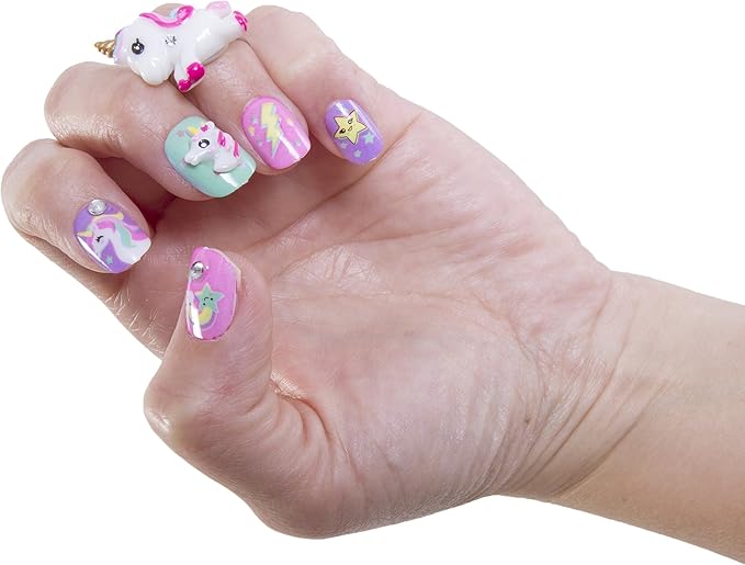 Hot Focus Unicorn Nail Art Kit - 3D Press On Nails, Stickers, File & Ring - 65 Piece Set for Girls 5+