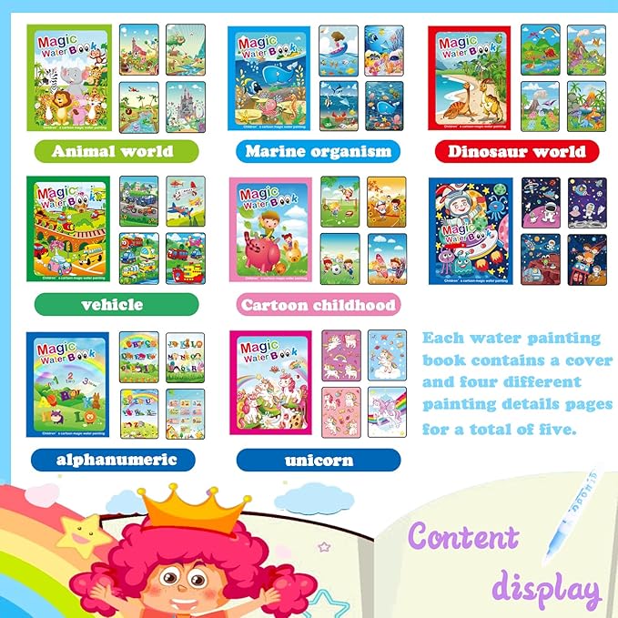 Water Coloring Painting Books for Kids,Reusable Water Doodle Book Toys for Toddlers Car Travel,16pcs Portable Drawing Kits with16pcs Pens,Dinosaur,Unicorn,Train,Space