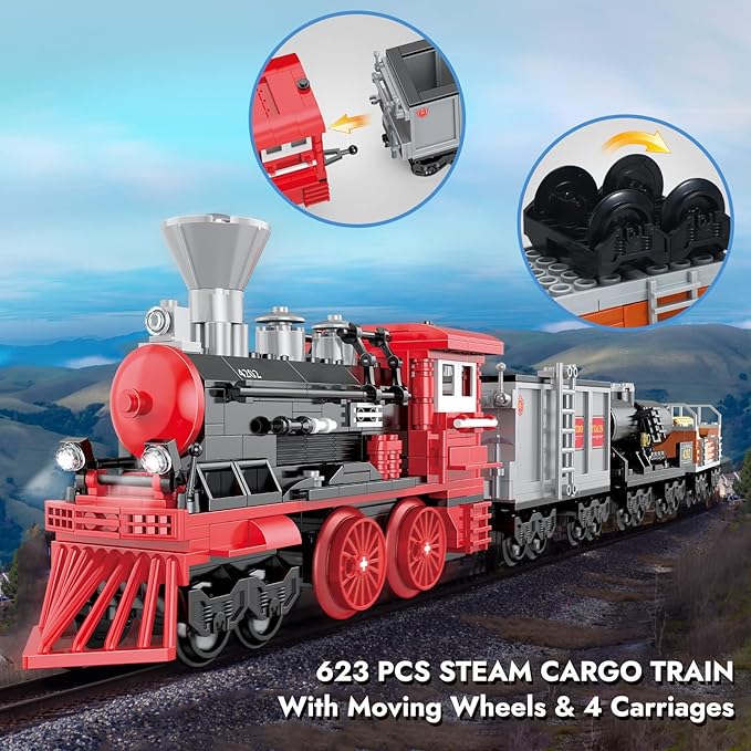 BRICK STORY City Freight Train Building Set, Retro Cargo Train Model, Classic Steam Train Building Blocks Toys, Creative Gift Train for Boys Kids Aged 8-14, 623 Pieces
