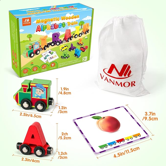 Vanmor 27 PCS Magnetic Wooden Alphabet Train Sets | ABC Letter Learning Toy Trains with 42 PCS Flash Cards, 1 Engine, 1 Storage Bag | Toddlers Kids Boys Girls Educational Toys for 3 4 5 6 7 Years Old
