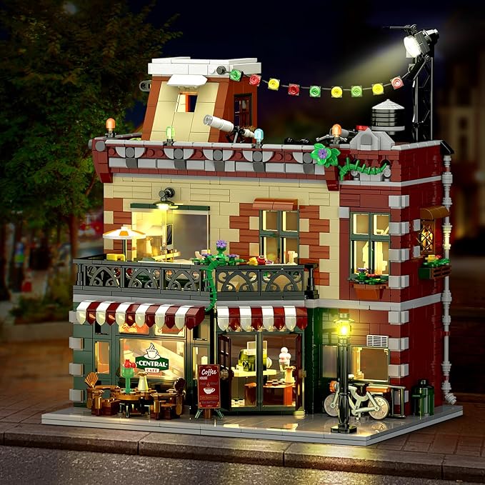 Coffee House Building Set with LED Light, 1589 PCS City Cafe Shop Building Block Toy with Stage Street Lights, Architecture Construction Model for Adults Teens Kids Ages 10 11 12+ Boys Girls
