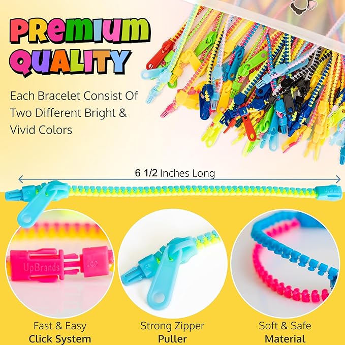 UpBrands Zipper Bracelet Fidget 96 Pack Bi-Color 6.5 Inches Bracelets for Kids - Perfect Zipper Fidget Toy - Ideal for Boys and Girls, Party Favors, and More