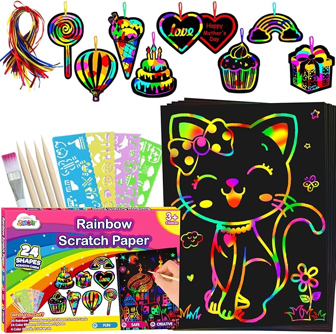 ZMLM Scratch Paper Art-Craft for Girls: Rainbow Scratch Magic Drawing Set Paper Pad Board Supply Kit Girl Project Activity for 3-12 Age Kid Toy Holiday|Party |Birthday|Children's Easter Day Gift