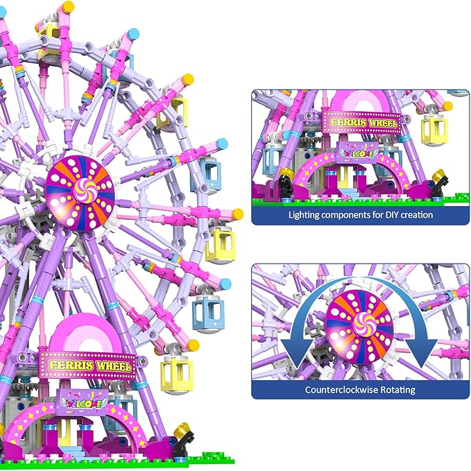 Ferris Wheel Building Block Set with Fairy Light, Two-Way Rotating Ferris Wheel Building Set 813 Pieces, Amusement Park Interlocking Blocks Toys for Ages 8-13, Gift Idea for Boys and Girls