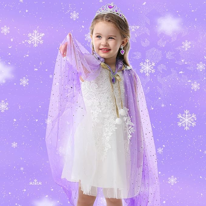 Fedio Princess Cape Set 7 Pieces Girls Princess Cloak with Tiara Crown, Wand for Little Girls Dress up (Purple)