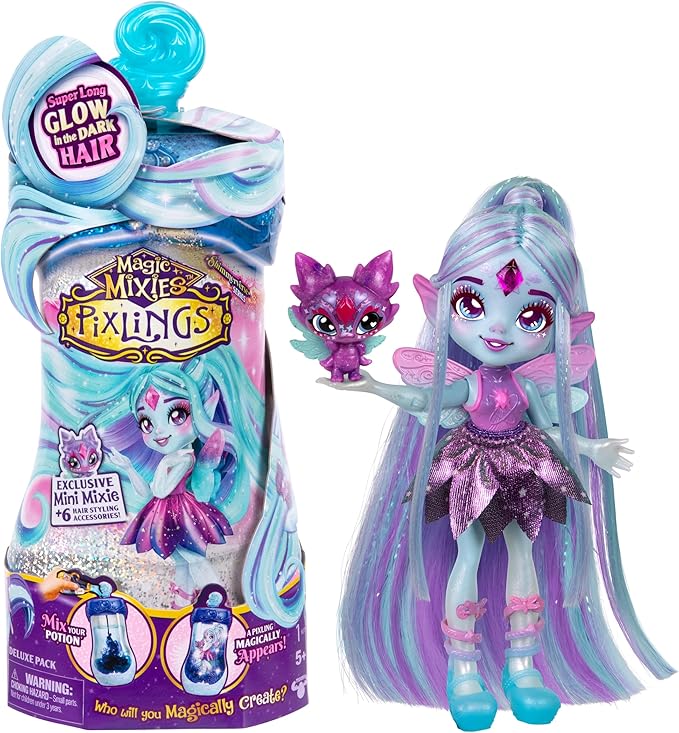 Magic Mixies Pixlings Deluxe Pack, Flyt The Dragonfly, Shimmer Reveal, Create & Mix Potion That Magically Reveals 6.5" Pixling Doll Inside Potion Bottle - Exclusive Mini Mixies & 6 Hair Accessories