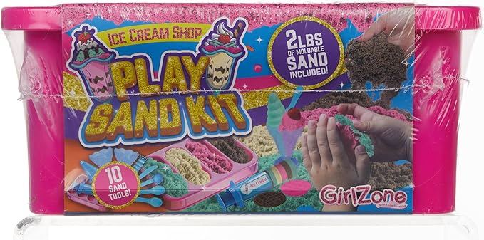 GirlZone Ice Cream Shop Play Sand for Kids, 22pcs Moldable Sand Kit - Serving Tools, Glasses, Spoon, Decorations, Stickers & 2lbs Colorful Sand, Fun Kids Sensory Toys, Ideal Easter Gifts for Kids
