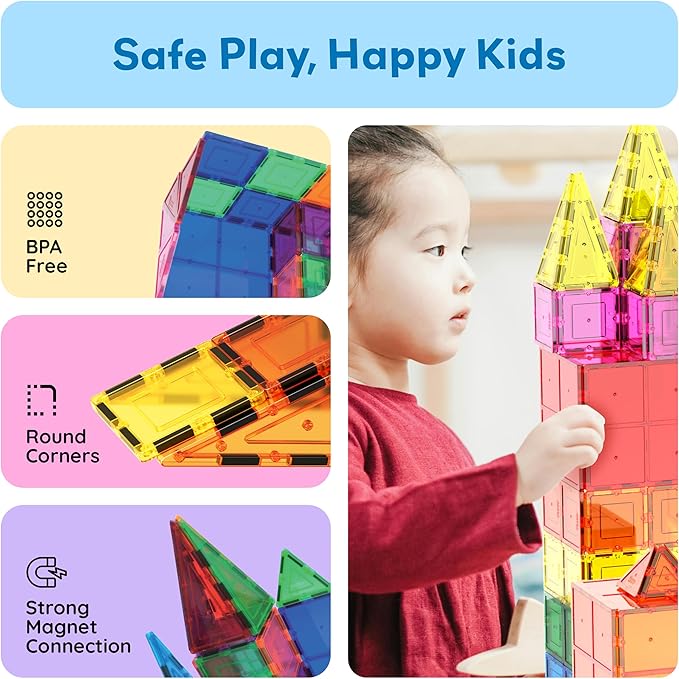 PicassoTiles Magnetic Tiles 60pcs Kids Toys Classroom Sensory Toy for Toddlers STEM Learning Building Blocks, Montessori Pretend Play Magnet Tile Construction Stacking Block Boys Girls Ages 3+ PT60