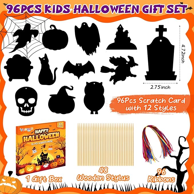 YEGEER 96PCS Halloween Craft Kit for Kids, Magic Scratch Off Paper Hanging Ornaments Set with 48pcs Wooden Stylus, 96pcs Cords for Halloween Games, Party Favors, Art Craft Supplies