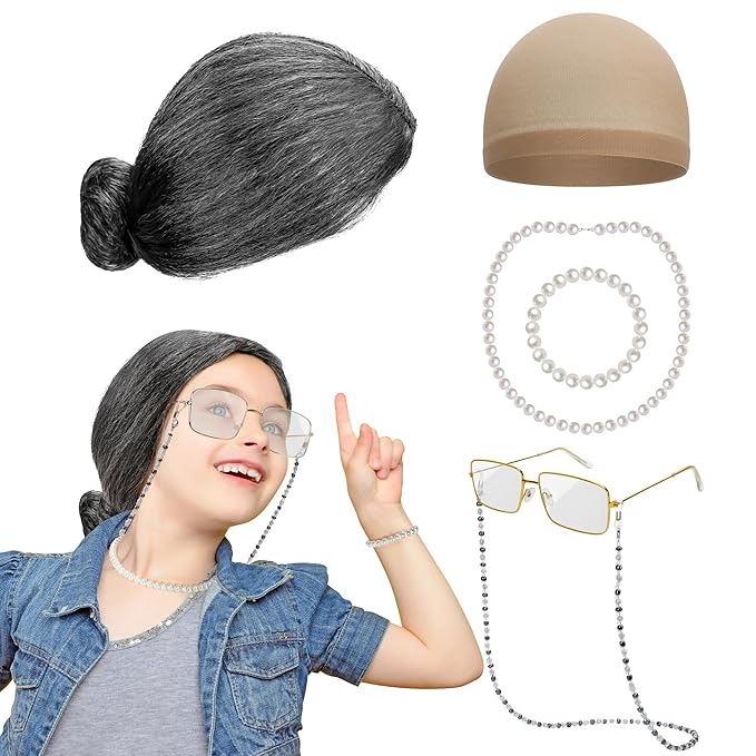 Old Lady Costume for Kids Women, 100 Days of School Black White Bun Wig Glasses Wig Cap Pearl Necklace Bracelet Accessories