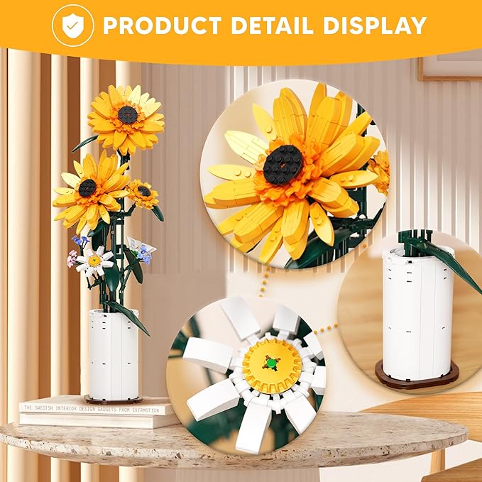Sunflower Building Blocks Sets Flower Bouquet with Vase for Adults Teens, Flower Garden Building Toys for Girls Boys Home Decor - 821Pcs