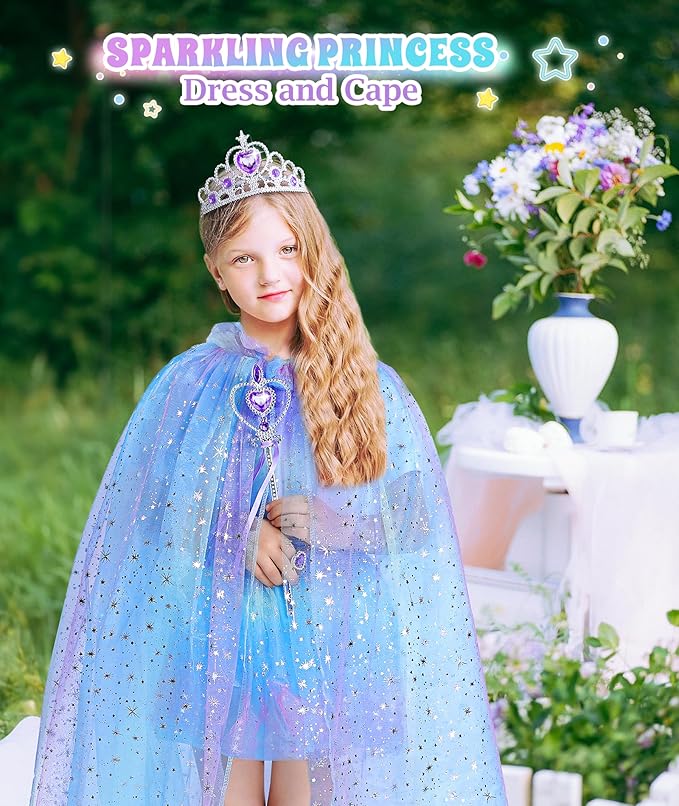Princess Dress Up for Girls, Light up Princess Cape Princess Dress Costume Crown Wand Gifts for Toddler Girls 3 4 5 6