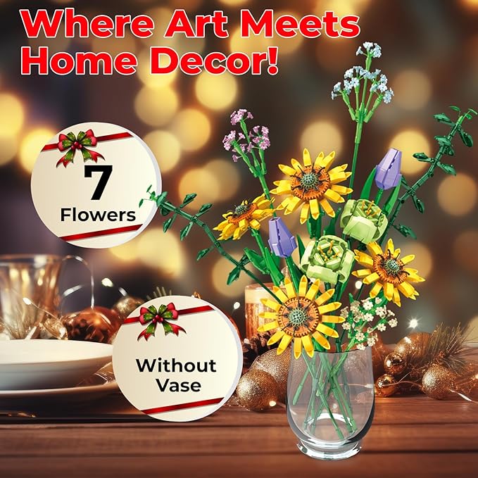 Contixo Flowers Bouquet Building Blocks Set - BK04 Artifical Sunflower Botanical Collection Kids Building Toys Kit 975 PCS, Home Plant Decor Toy Gift for Adults Kids Girls Ages 6+