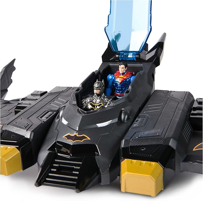 DC Comics, Metal Force Transforming Batwing, 2-in-1 Playset, Includes Batman and Superman Figures, with Projectiles and Character Cards, Kids Toy for Boys and Girls Ages 4+